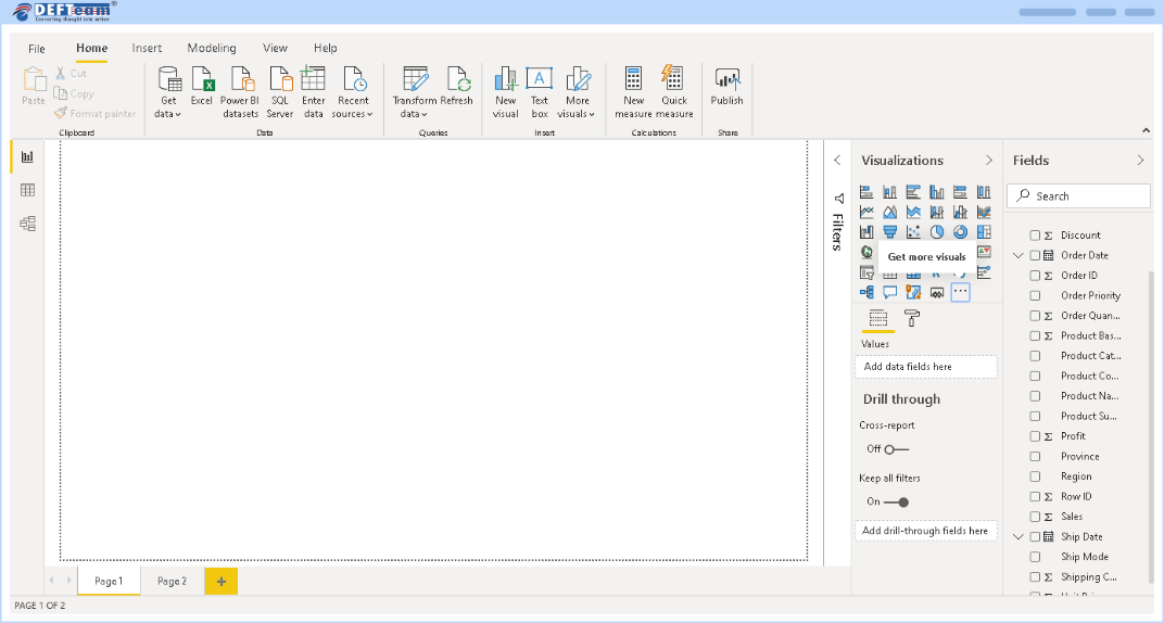 A Power BI interface with a blank report canvas, toolbar icons for data import, visualization options, and fields panel on the right for data selection.