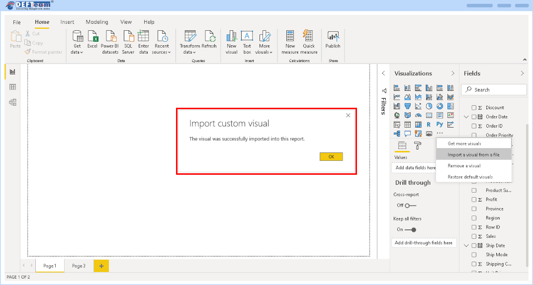 Power BI interface with a pop-up message stating, Import custom visual, the visual was successfully imported into this report on a white background.